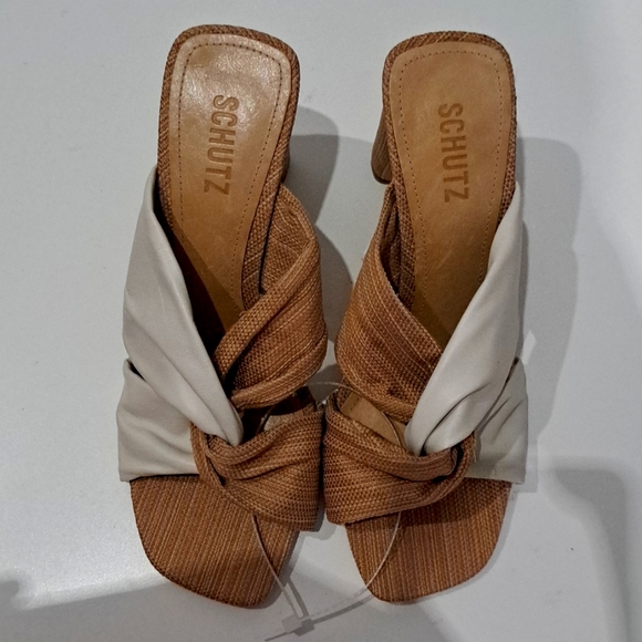 Schutz Wendy Pearl and Beige Leather Color Block High Heel Sandals - Picture 3 of 11